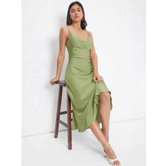 Green Satin Cami Dress Midi Adjustable Spaghetti Straps - Picture 3 of 7